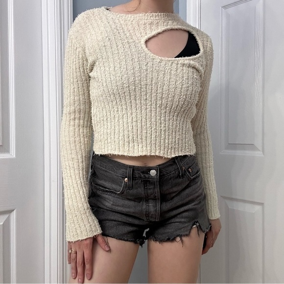 Zara Sweater Cropped Cream Cut Out Streetwear Indie Knit Ribbed Casual Medium - Picture 2 of 8